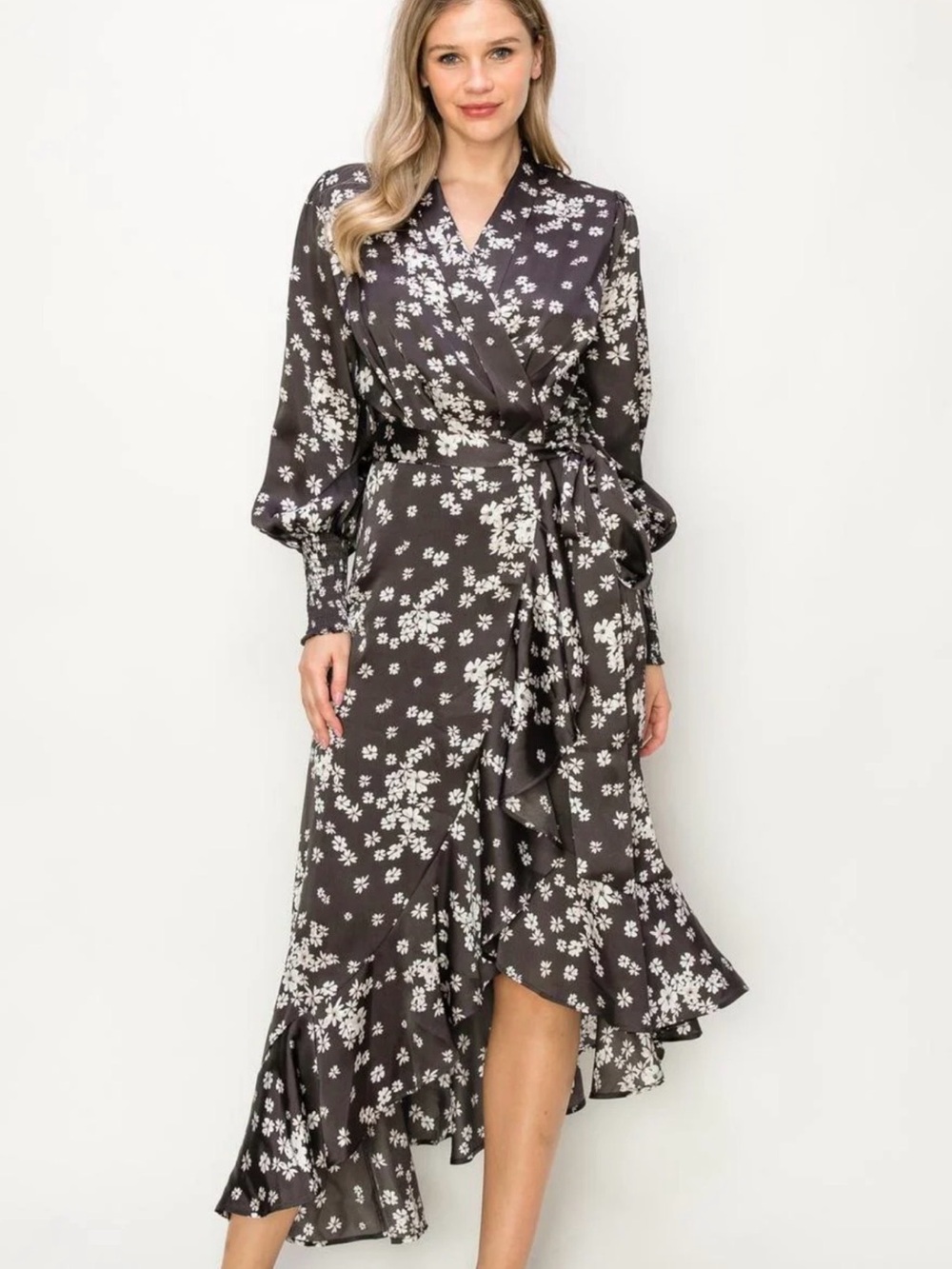 Black Floral High-Low Wrap Dress with Ruffle Hem